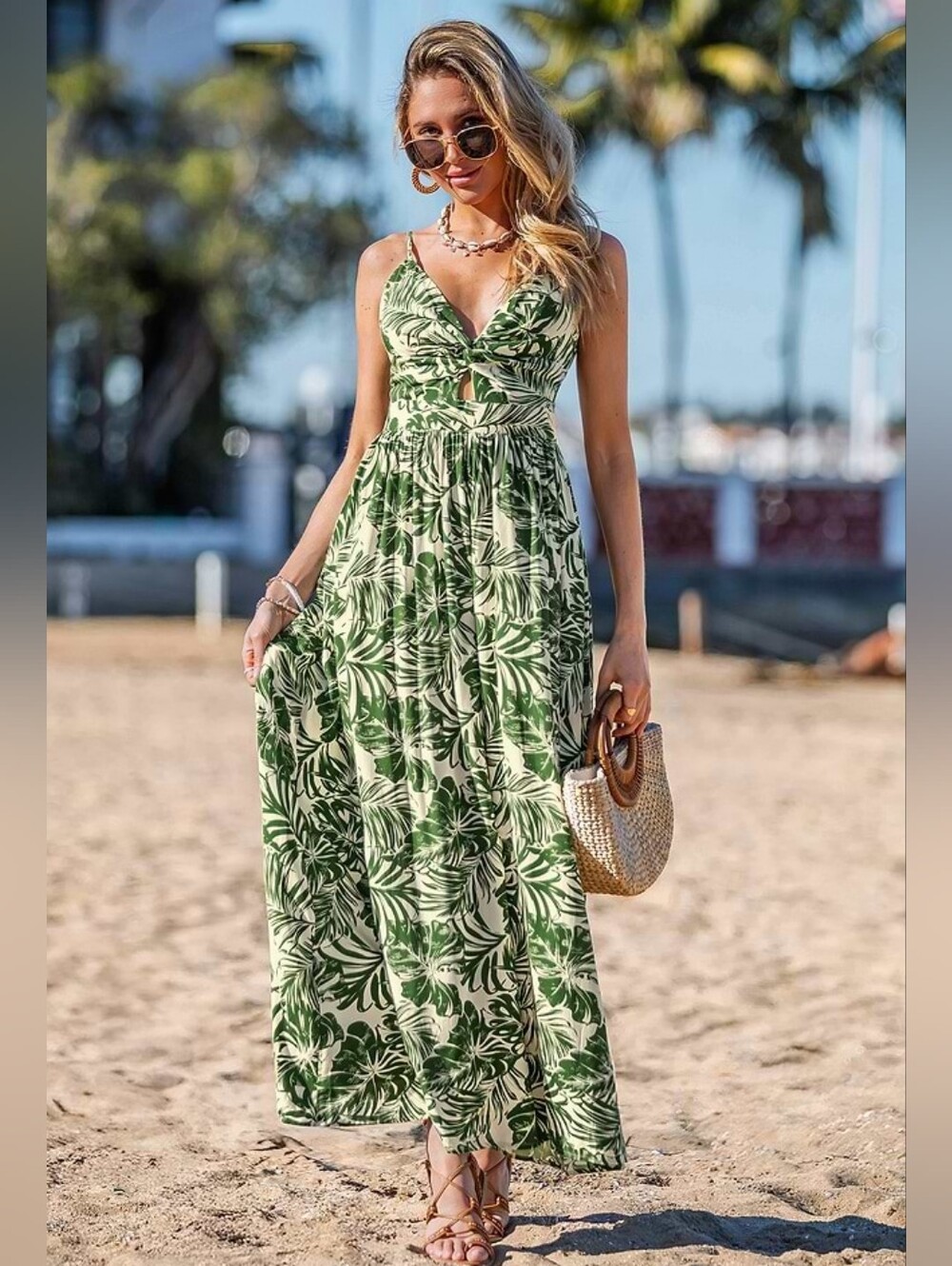 CUPSHE NWT Tropical Palm Leaf V-Neck Maxi Dress Size L - Picture 4 of 7